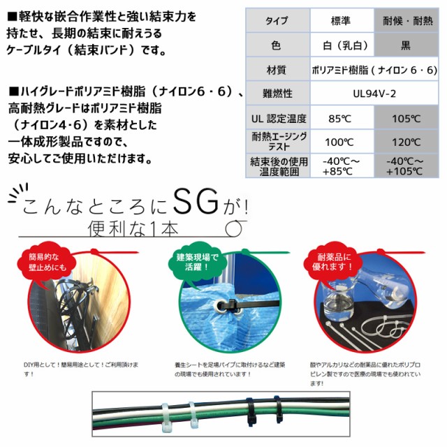 結束バンド ケーブルタイ タイラップ 白 250mm 100本 SG-250 エスジー工業｜au PAY マーケット