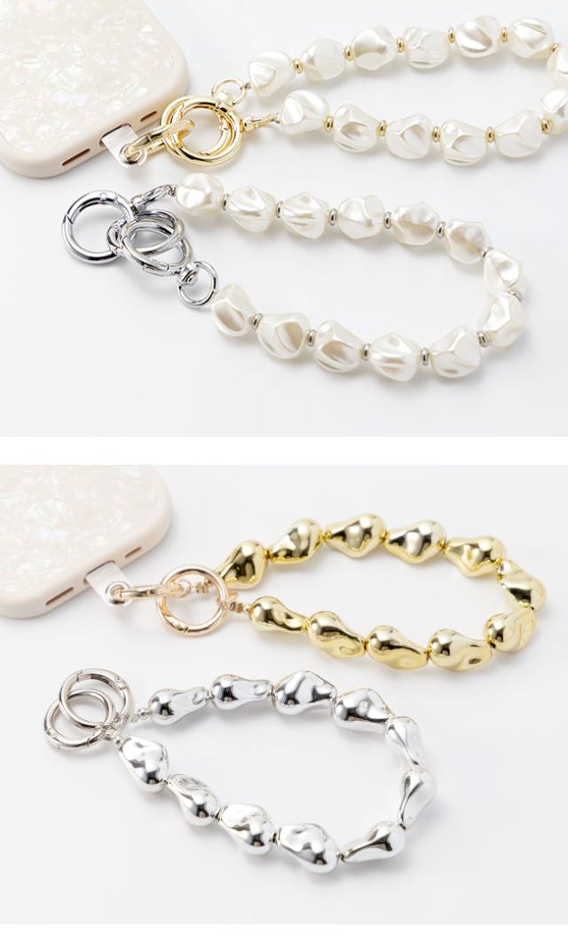 スマホストラップ,ビーズ,韓国,シルバー,ゴールド,バロックパール,ゴージャス,高見え,ブレスレット,かわいい,おしゃれ,落下防止,スマホ,ストラップ,手首,スマホハンドストラップ,挟むだけ,スマートフォン,リストストラップ