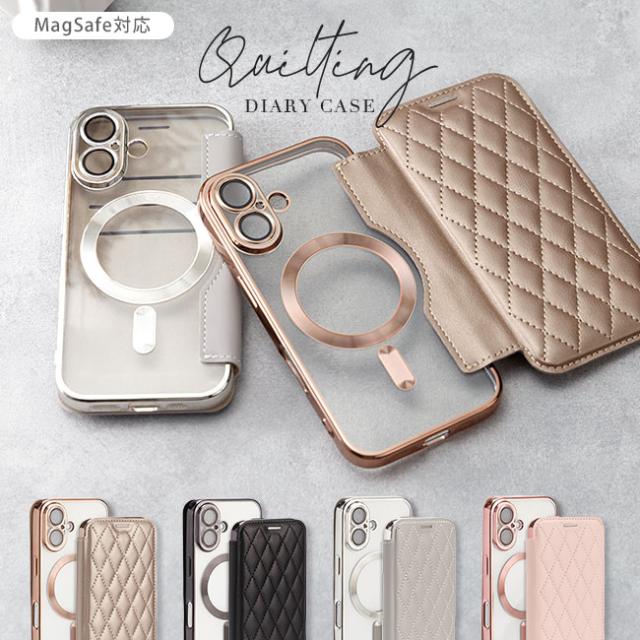 キルティング,手帳型ケース,フリップケース,ダイアリーケース,大人可愛い,ゴージャス,フェミニン,iphoneケース,MagSafe対応,マグセーフ対応,ワイヤレス充電対応,かわいい,韓国,TPU,シンプル,透明,クリア