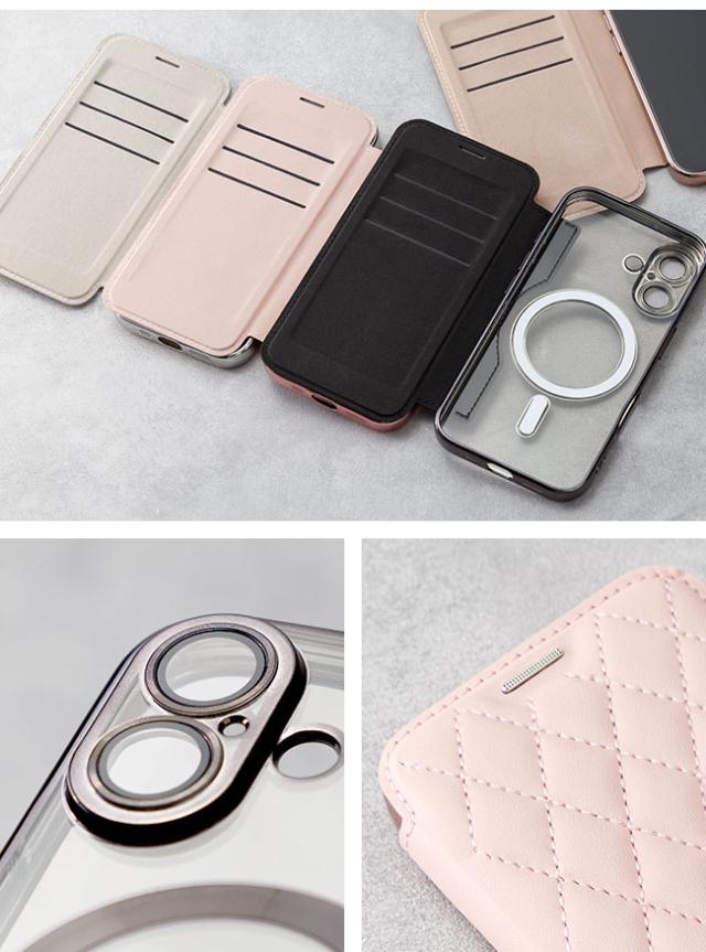 キルティング,手帳型ケース,フリップケース,ダイアリーケース,大人可愛い,ゴージャス,フェミニン,iphoneケース,MagSafe対応,マグセーフ対応,ワイヤレス充電対応,かわいい,韓国,TPU,シンプル,透明,クリア