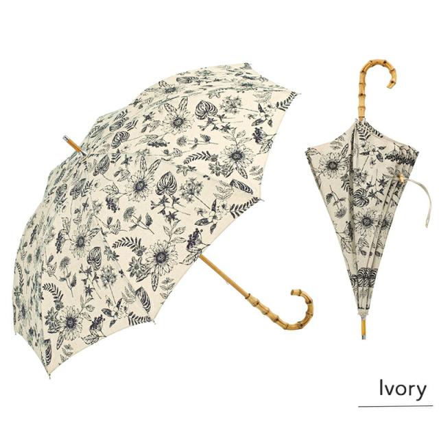 日傘  晴雨兼用 長傘 ボタニカル リネン風 バンブーハンドル 紫外線防止加工 アイボリー ネイビー UV CUT 99%以上  ナチュラル おしゃれ 可愛い かわいい シンプル