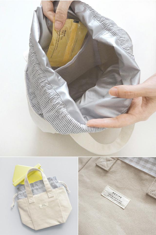 RECIPEレシピ保冷トートランチバッグ保冷おしゃれお弁当袋保冷バッグ巾着袋シンプル保冷ランチトート保温ランチサック撥水消臭抗菌デオドラントナチュラルベージュギンガムチェックキッズ子供レディース保冷剤