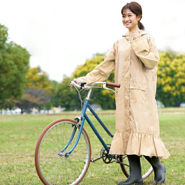 レインウエアpinktrick自転車OTONAロングフリルブラックフリルベージュレインコート合羽かっぱ雨具カッパリボンレディースフリーサイズおしゃれ収納バッグ付き