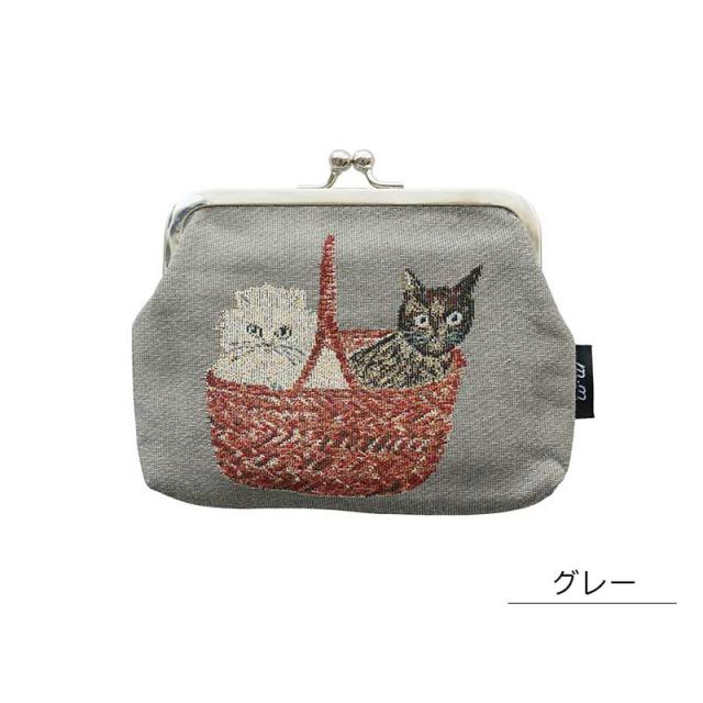 松尾ミユキパースポーチがま口がまぐち財布パスケース小銭入れミニポーチトラベルポーチコスメポーチ小物入れバッグ収納ケース猫小ぶり自立マチ付きジャガードねこcatネコ北欧