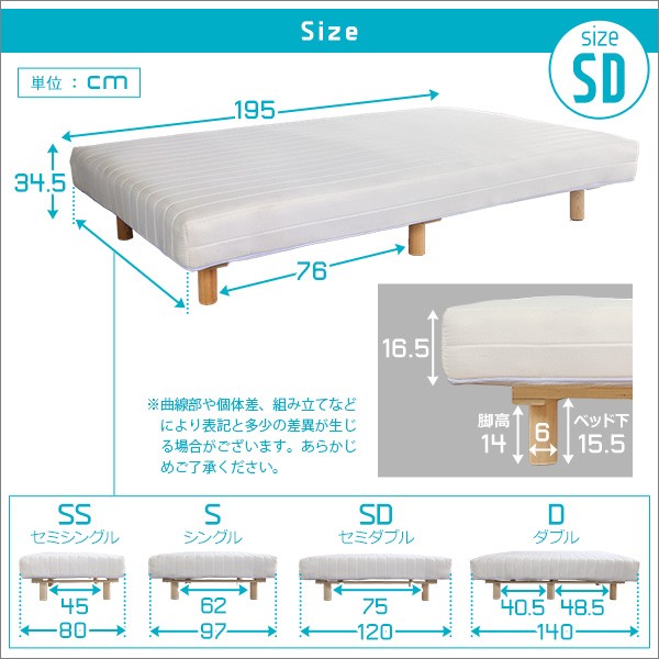 Uniteシリーズ UniteRaide ユニテライド 脚付きロールマットレス SDサイズ　(ベッドマット セミダブル SD 幅120cm 脚付き  一体型 ボンネ｜au PAY マーケット