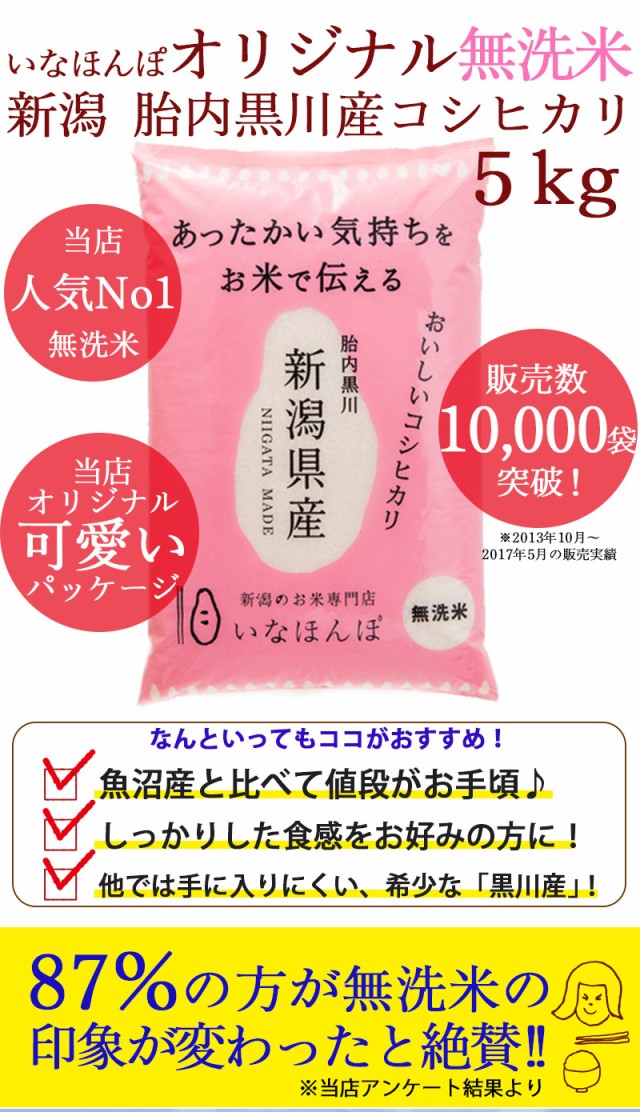 無洗米 新潟産コシヒカリ 5kg 送料無料 いなほんぽオリジナル お米