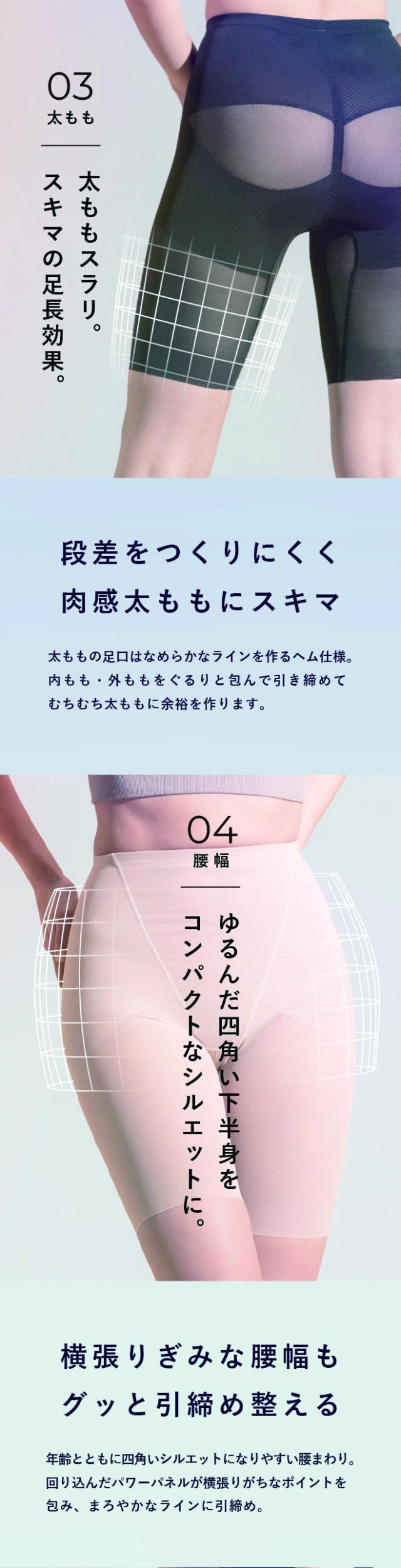 諦めていたお悩みもまるっとカバー。ぽっこりお腹、垂れ気味ヒップ、太もも、腰の横張り、骨盤サポートもこなすから、気になる所全部ケアできます