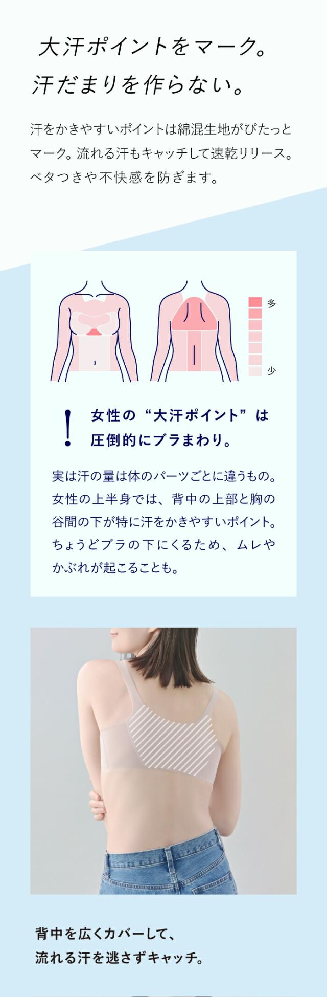 背中も、谷間も、アンダーも、流れる汗をさらっとキャッチ