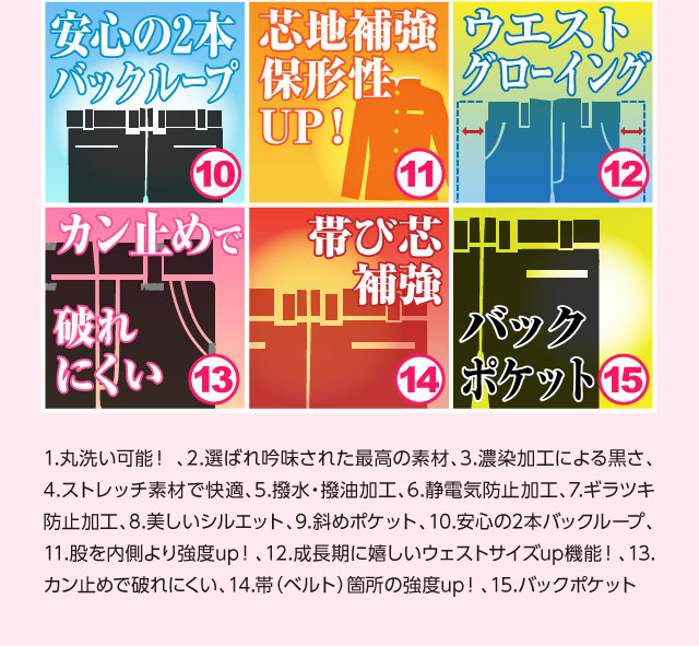 10.安心の2本バックループ、11.股を内側より強度up!…