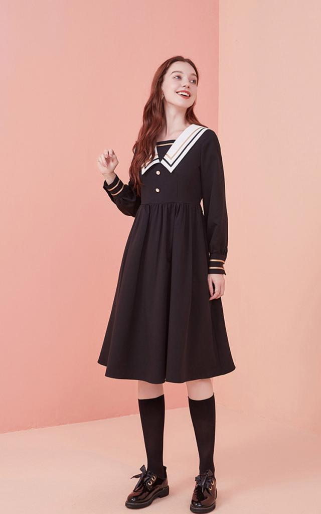 新色追加 オリジナルデザイン 新作 大人可愛い レディース ウィメンズ 春 秋 冬 襟付き セーラー襟 ゆったり ゆるかわ 着痩せ 体型カバー 長袖 膝 大特価 Gdpcambodia Org