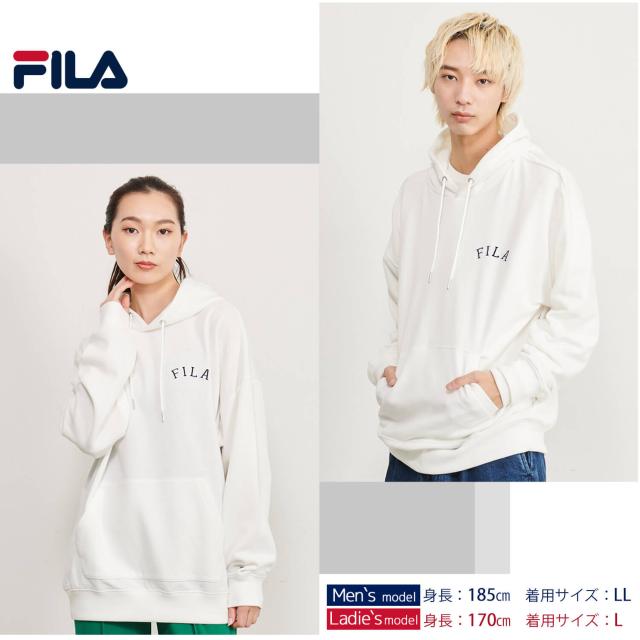 FILAフィラパーカーフーディ裏毛メンズレディースWEB限定別注カレッジロゴドロップショルダーオーバーサイズおしゃれカジュアル男女兼用ユニセックス