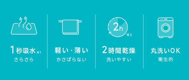 1秒吸水※さらさら軽い・薄いかさばらない2時間乾燥洗いやすい丸洗いOK衛生的