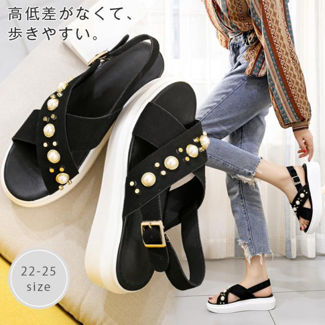サンダル レディース 大きいサイズ パール サンダル 可愛い サンダル 痛くない ローヒール 安定ヒール 厚底サンダル 安定 疲れない 定期入れの