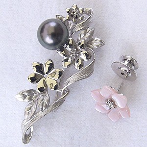 激安商品 ピンク貝 直径10mm ホワイト系 タヒチ黒蝶真珠 ピンブローチ ブローチ 3way 真珠 パール 花モチーフ シルバー Sv ブローチ