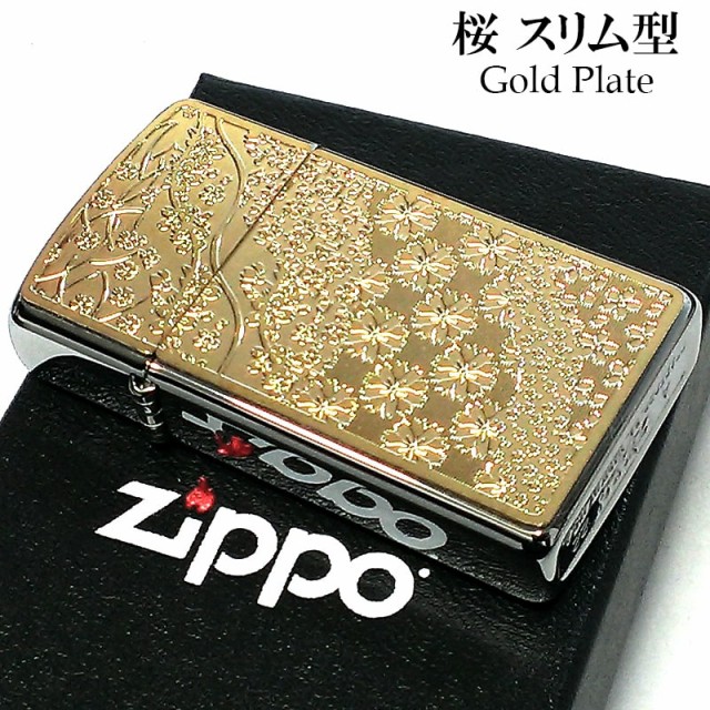 ZIPPO ライター スリム 櫻模様 ジッポ ゴールド メタルプレート 細密 