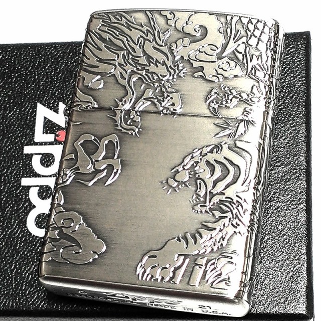 ZIPPO ジッポ ライター 銀 御守り 龍虎 かっこいい 4面 エッチング