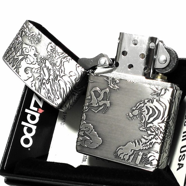 ZIPPO ジッポ ライター 銀 御守り 龍虎 かっこいい 4面 エッチング