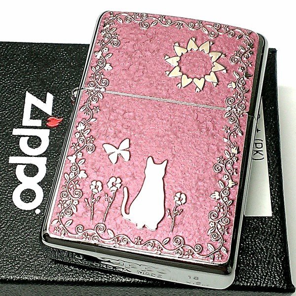 ZIPPO 猫 ライター 可愛い キャット＆フラワー ピンク ジッポ 