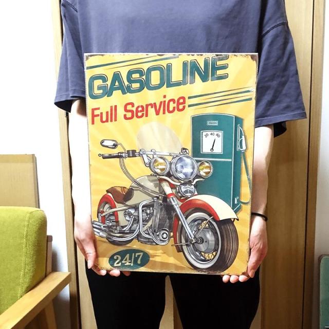 木製看板 バイク GASOLINE Full Service かっこいい アメリカン
