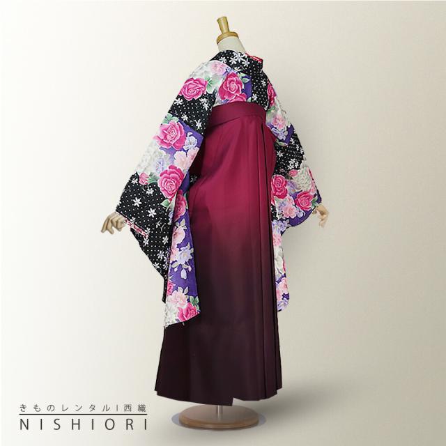二尺袖着物 袴 レンタル 貸衣装 HL 黒×ワイン×刺繍×袴 Mサイズ 小学生