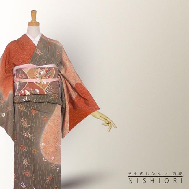 訪問着 レンタル 着物 貸衣装 フルセット 正絹 橙 赤茶 立涌No.0052 訪問着 レンタル 着物 貸衣装 フルセット 正絹 橙 赤茶 立涌No.0052の