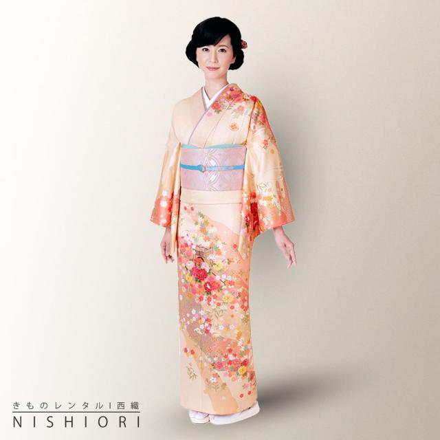 訪問着 レンタル 着物 貸衣装 フルセット HL アッシュエルピンク 御所車 薄オレンジNo.0093 b1ad0093-1.jpg