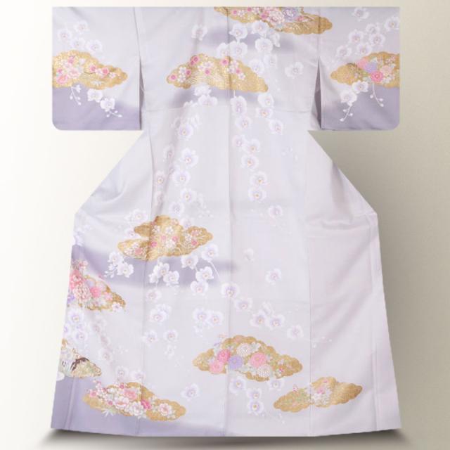 訪問着 レンタル 着物 貸衣装 フルセット 薄鼠色 灰 牡丹 蘭No.0136の