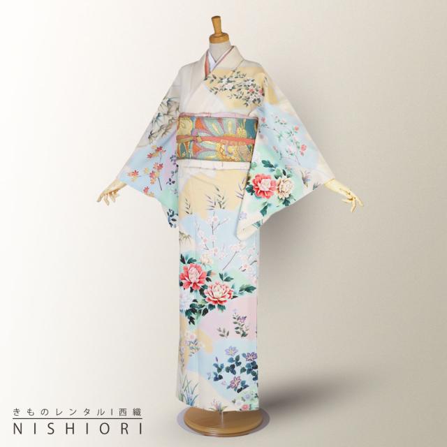 訪問着 レンタル 着物 貸衣装 フルセット パステルカラー 牡丹 梅 桔梗 四季の花No.0167 訪問着 レンタル 着物 貸衣装 フルセット パステルカラー 牡丹 梅 桔梗