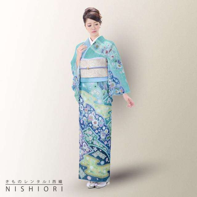 訪問着 レンタル 着物 貸衣装 フルセット 緑 浅葱色 辻が花風No.0174 訪問着 レンタル 着物 貸衣装 フルセット 緑 浅葱色 辻が花風No.0174の