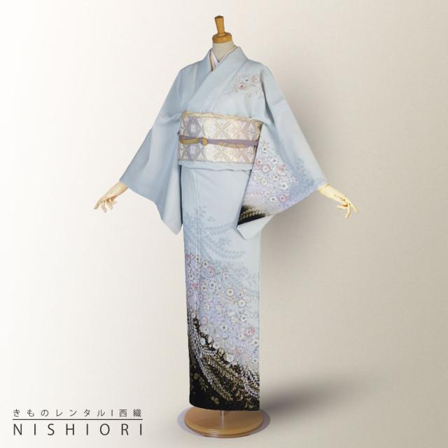 訪問着 レンタル 着物 貸衣装 フルセット 薄水色 辻が花風 萩No.0185の