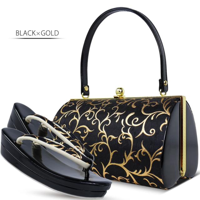 レース×モダン 振袖向き 草履バッグ 2点セット エレガントな唐草デザイン 5.5cmヒール 選べる4色 フリーサイズ 23.5cm 痛くない鼻緒