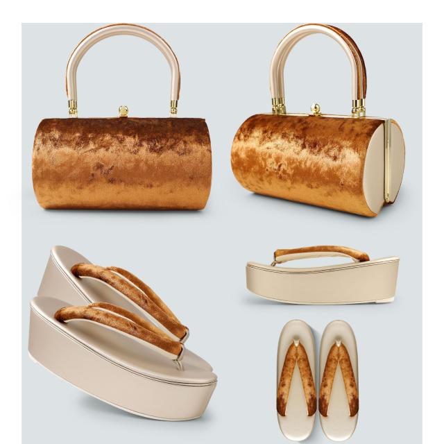 美しい光沢 ベロア生地 振袖向き 草履バッグ 2点セット 選べる2色 グリーン ブラウン 7.5cm ハイヒール フリーサイズ 草履 和装 着物 和装バッグ 痛くない鼻緒 華やか 振袖 訪問着