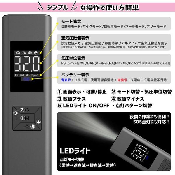 電動空気入れエアコンプレッサーUSB充電シガーケーブル給電コンパクト自転車タイヤボールLEDライト【販売指示後カートアップ】電動エアーコンプレッサー 
