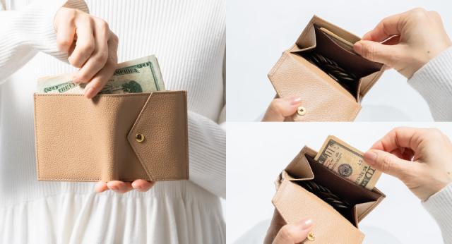 st-w1660 やぎ革シュリンクレザー小銭入れからお札が取り出せる 二つ折り財布