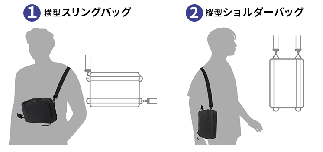 横型スリングバッグ、縦型ショルダーバッグ