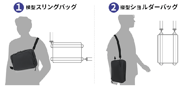 横型スリングバッグ、縦型ショルダーバッグ
