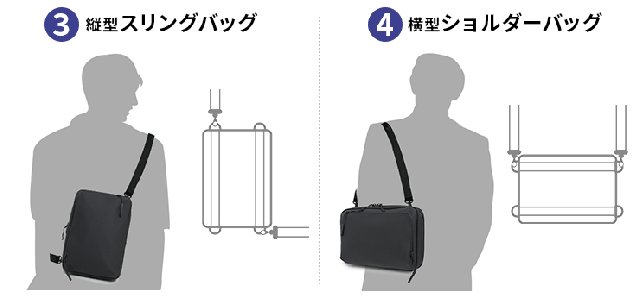 縦型スリングバッグ、横型ショルダーバッグ