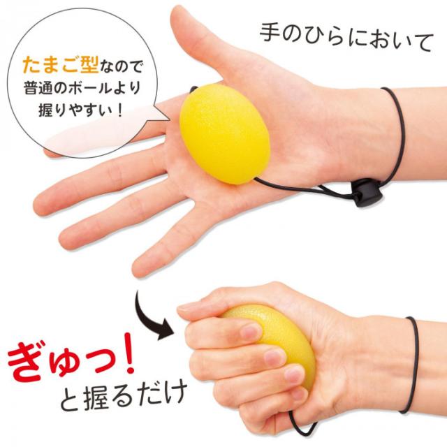 手のひらにおいて、ぎゅっと握るだけ。たまご型なので普通のボールより握りやすい!
