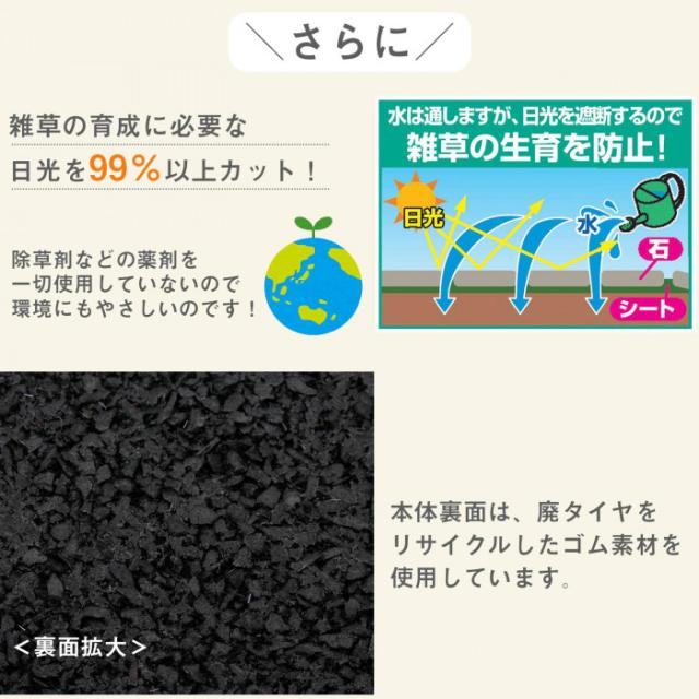 水は通して日光は99%以上カット。除草剤も不使用です。裏面は廃タイヤを使用