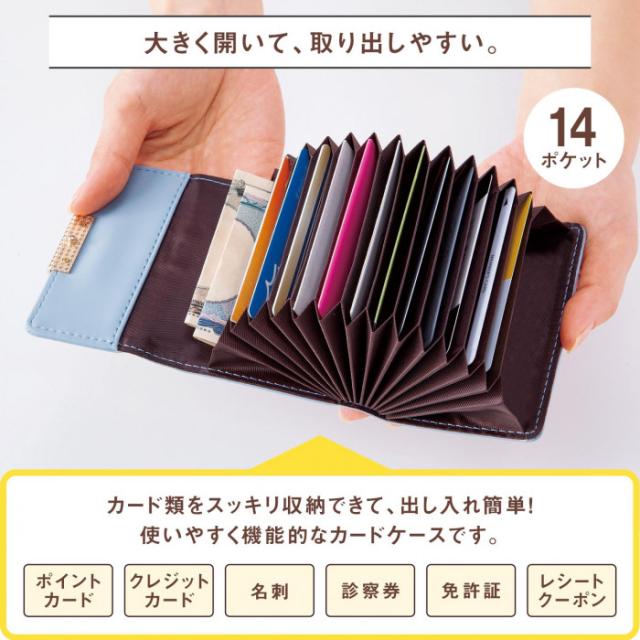 大きく開いて見やすく、カード類を14ポケットに収納できます