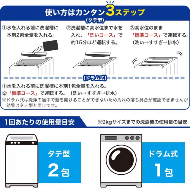 使い方はカンタン3ステップ、タテ型は2剤、ドラム式は1剤で済みます