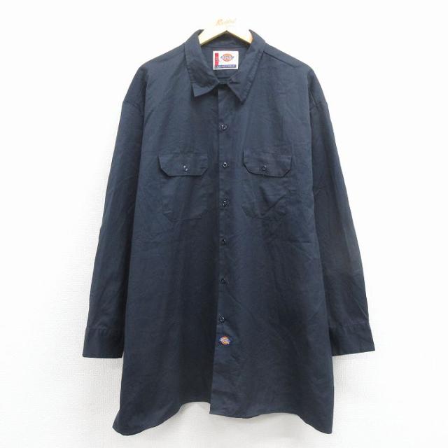 古着 ディッキーズ 長袖 ワーク シャツ メンズ 大きいサイズ ロング丈 紺 2