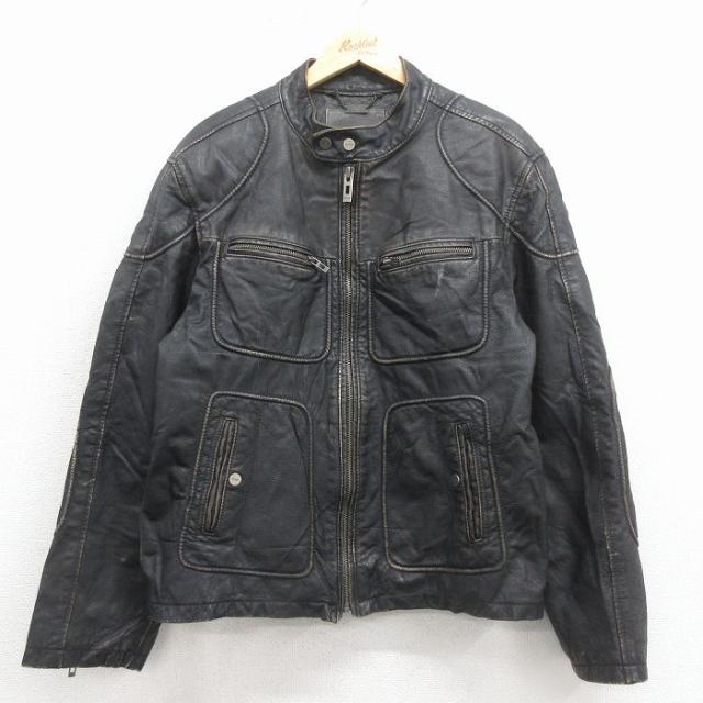 古着 ゲス GUESS 長袖 レザー ジャケット メンズ 黒 内側キルティング