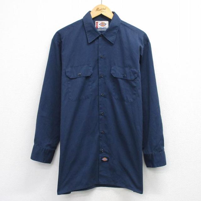 古着 ディッキーズ 長袖 ワーク シャツ メンズ ロング丈 紺 26feb25