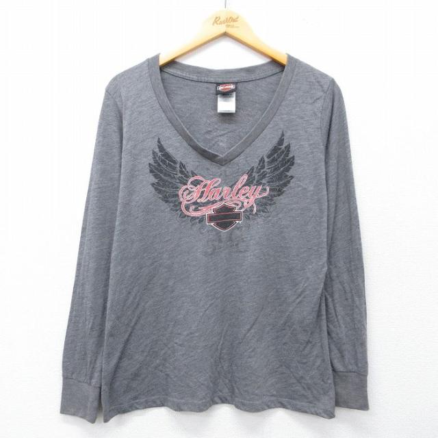 古着 ハーレーダビッドソン 長袖 Tシャツ レディース ビッグロゴ Vネック U