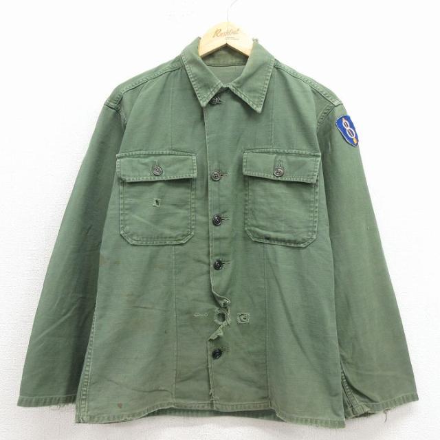 古着 長袖 ビンテージ ミリタリー シャツ メンズ 70年代 70s 濃緑 26