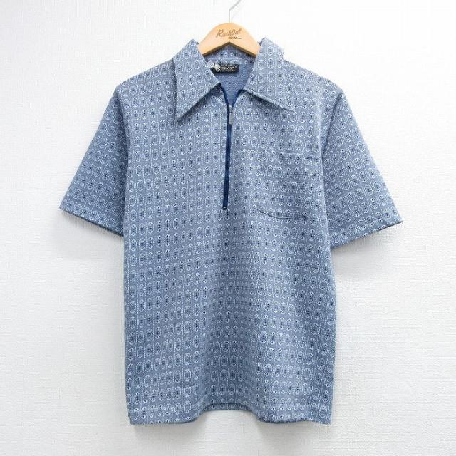 古着 半袖 ハーフジップ シャツ メンズ 70年代 70s 総柄 ネイビー sp