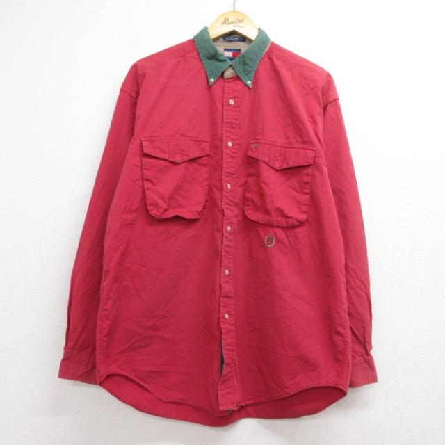 トミーヒルフィガー 90s 長袖シャツ フラップポケット レッド XL | 古着