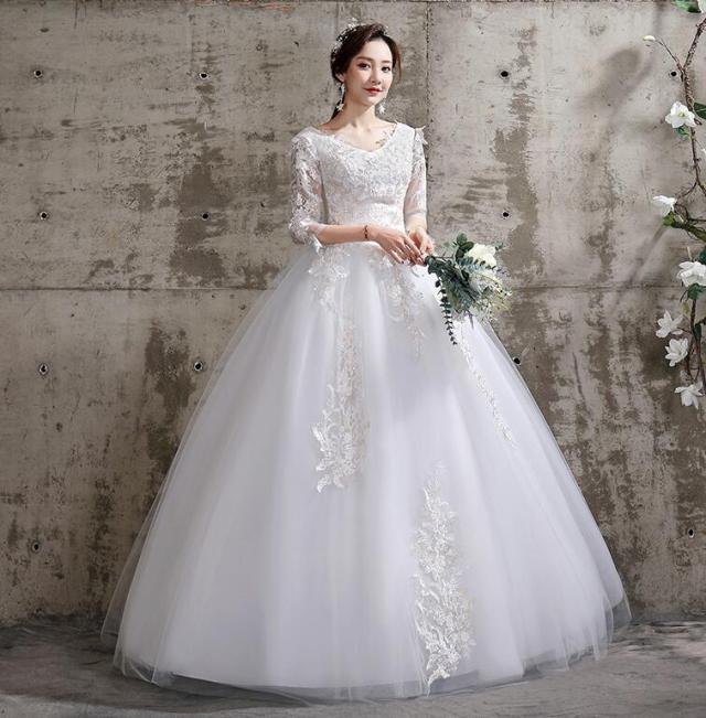 超目玉 送料無料 ロングウェディングドレス マキシー丈 ふわふわ ボリーム 可愛いフォマールロングフリルドレス 披露宴 花嫁ドレス 七分袖 Vネッ 春バーゲン 特別送料無料 Www Centrodeladultomayor Com Uy