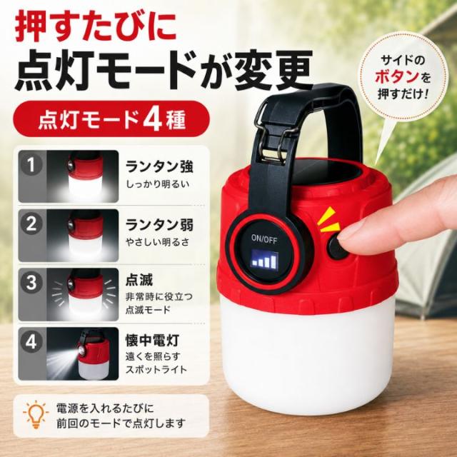 ランタン強・ランタン弱・点滅・懐中電灯の4モードをボタンで切り替える充電式LEDランタン